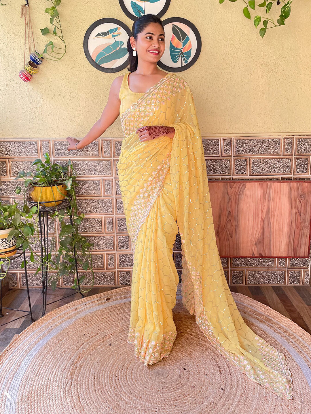 

Mitera Ethnic Motifs Embellished Sequinned Saree, Yellow