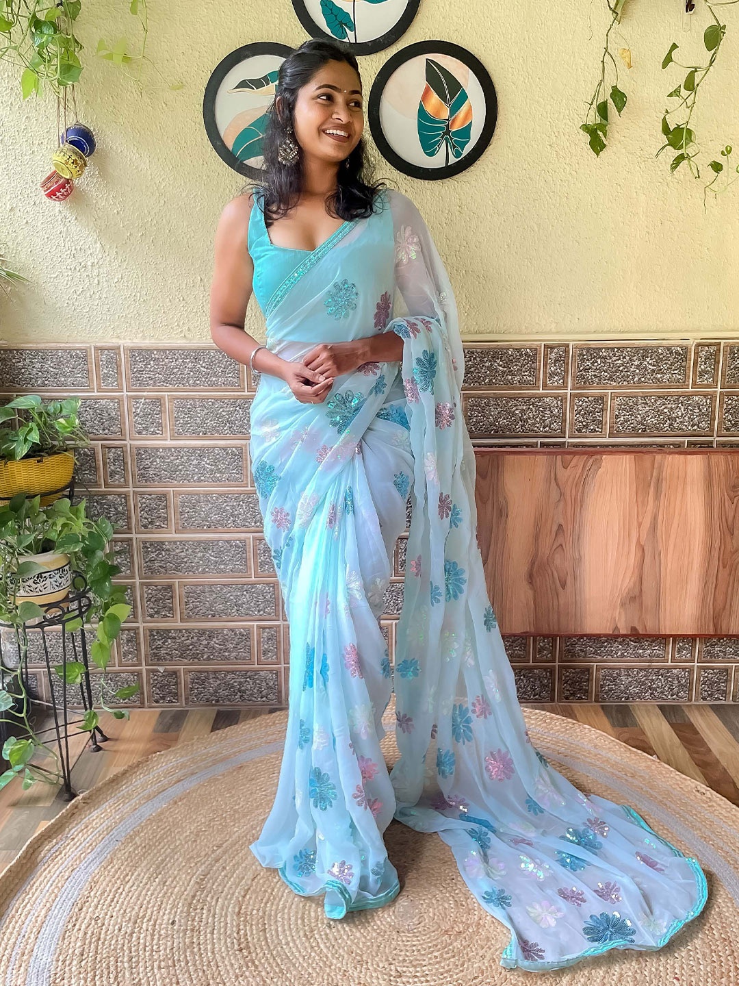

Mitera Embellished Sequinned Detail Saree, Blue