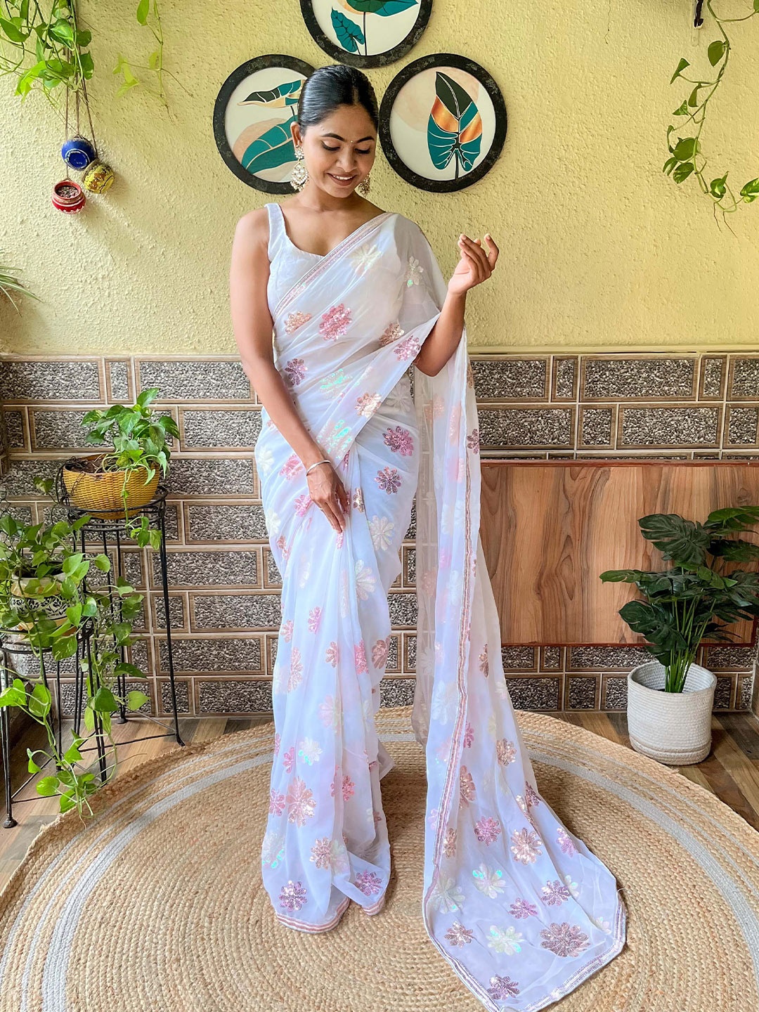 

Mitera White & Pink Sequinned Embellished Saree