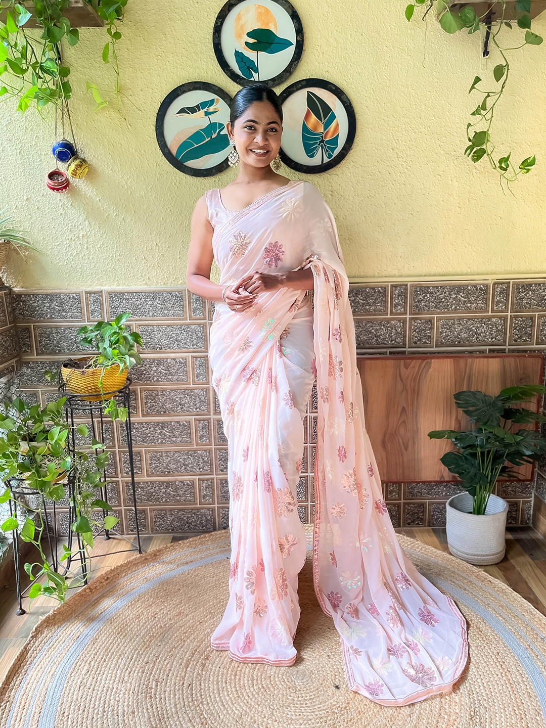 

Mitera Floral Embellished Sequinned Saree, Peach