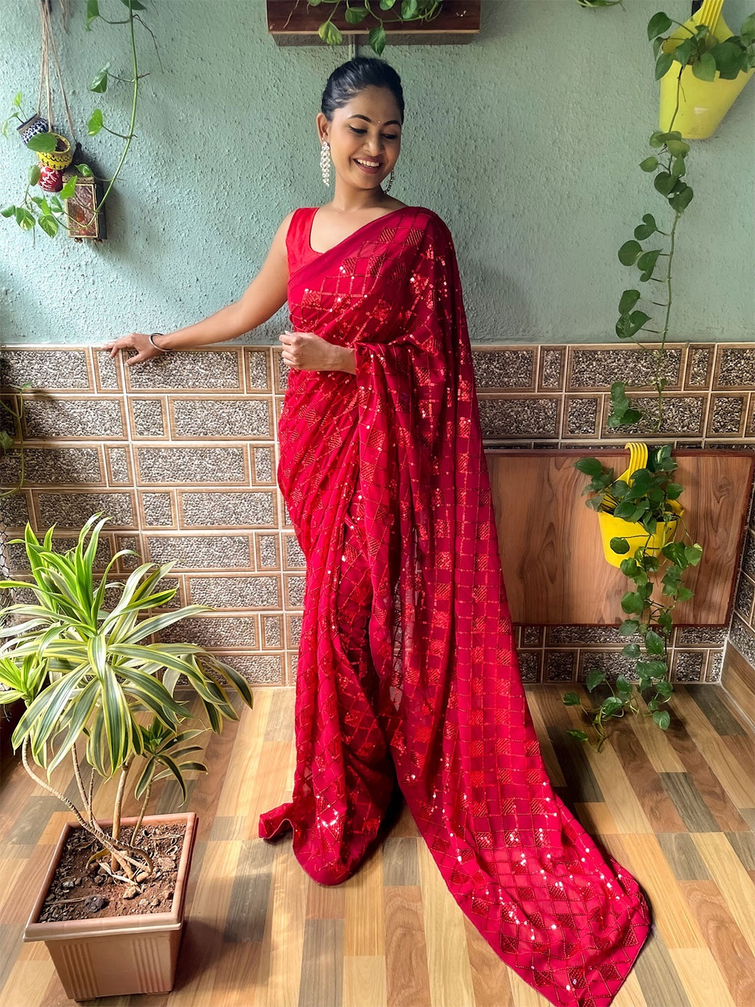

Mitera Embellished Sequinned Detail Saree, Red