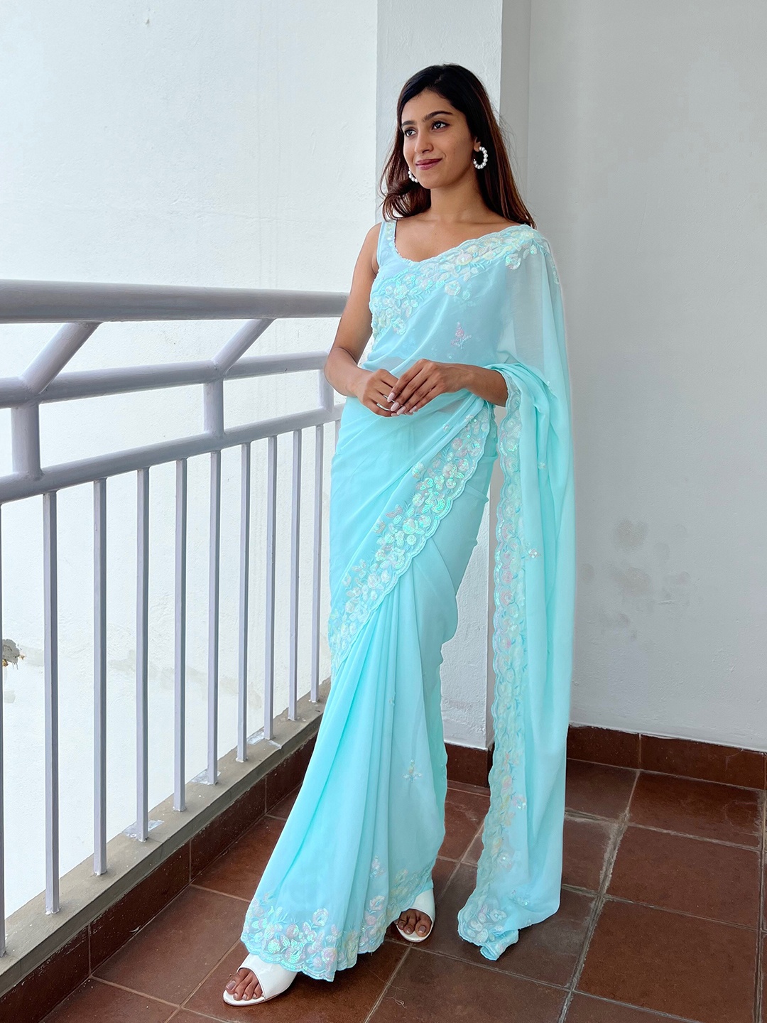 

Mitera Blue Embellished Sequinned Saree