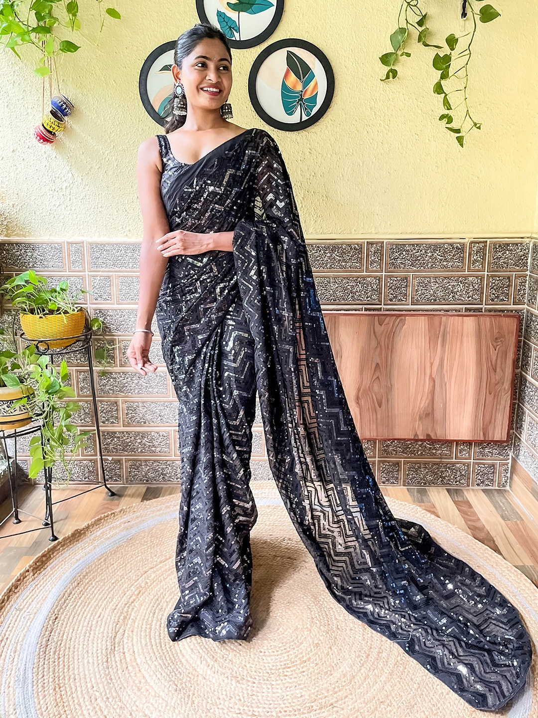 

Mitera Embellished Sequinned Detail Saree, Black