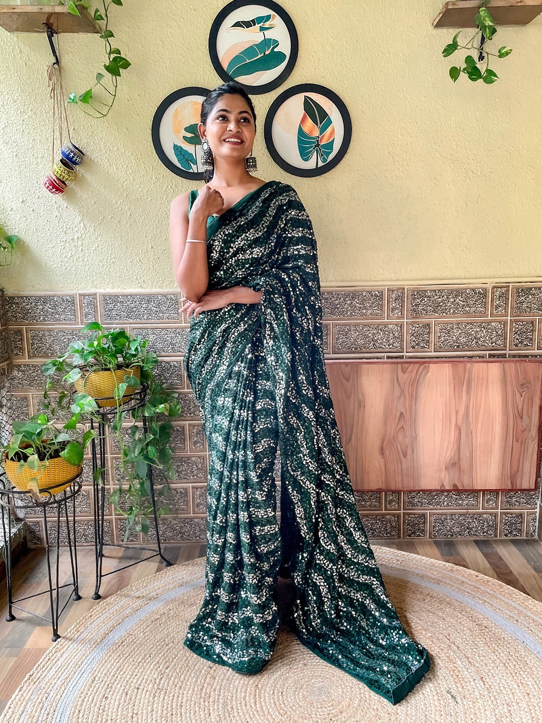 

Mitera Embellished Sequinned Detail Saree, Green