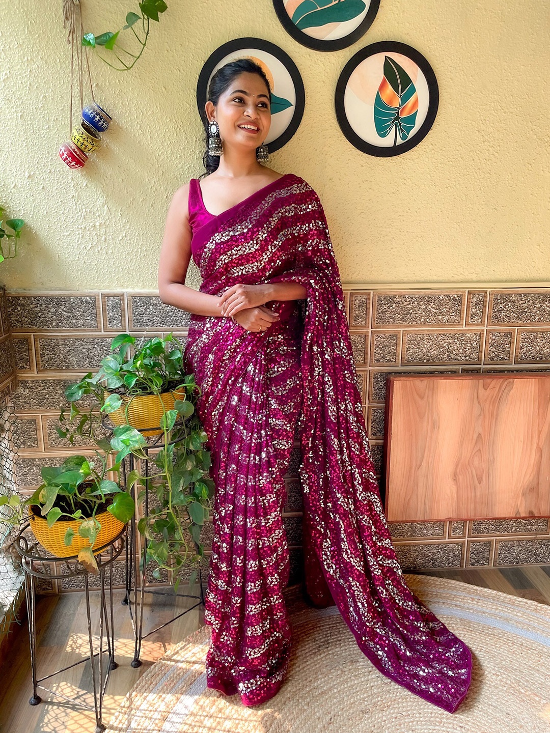 

Mitera Striped Sequinned Saree, Pink