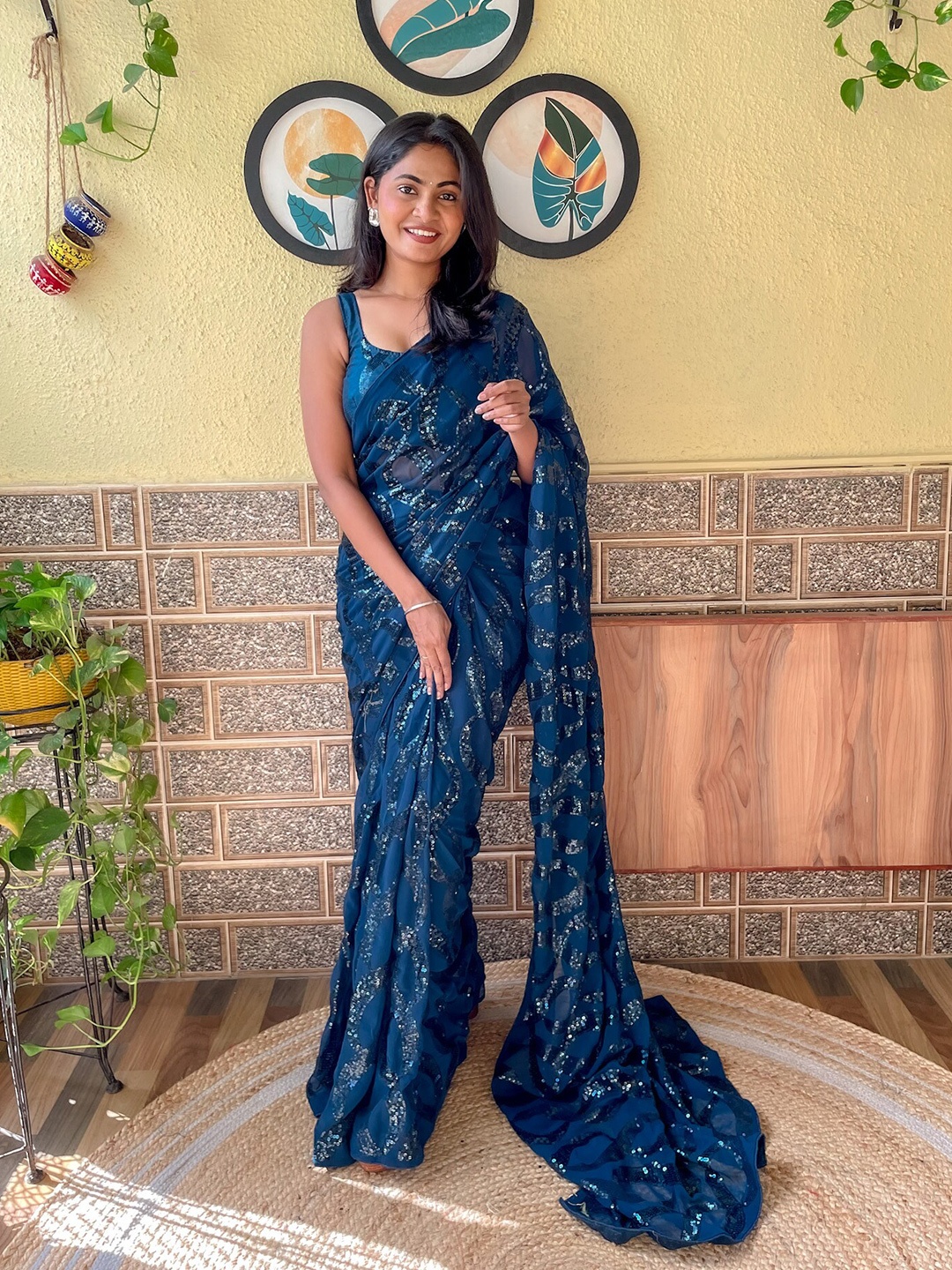 

Mitera Embellished Sequinned Saree, Navy blue