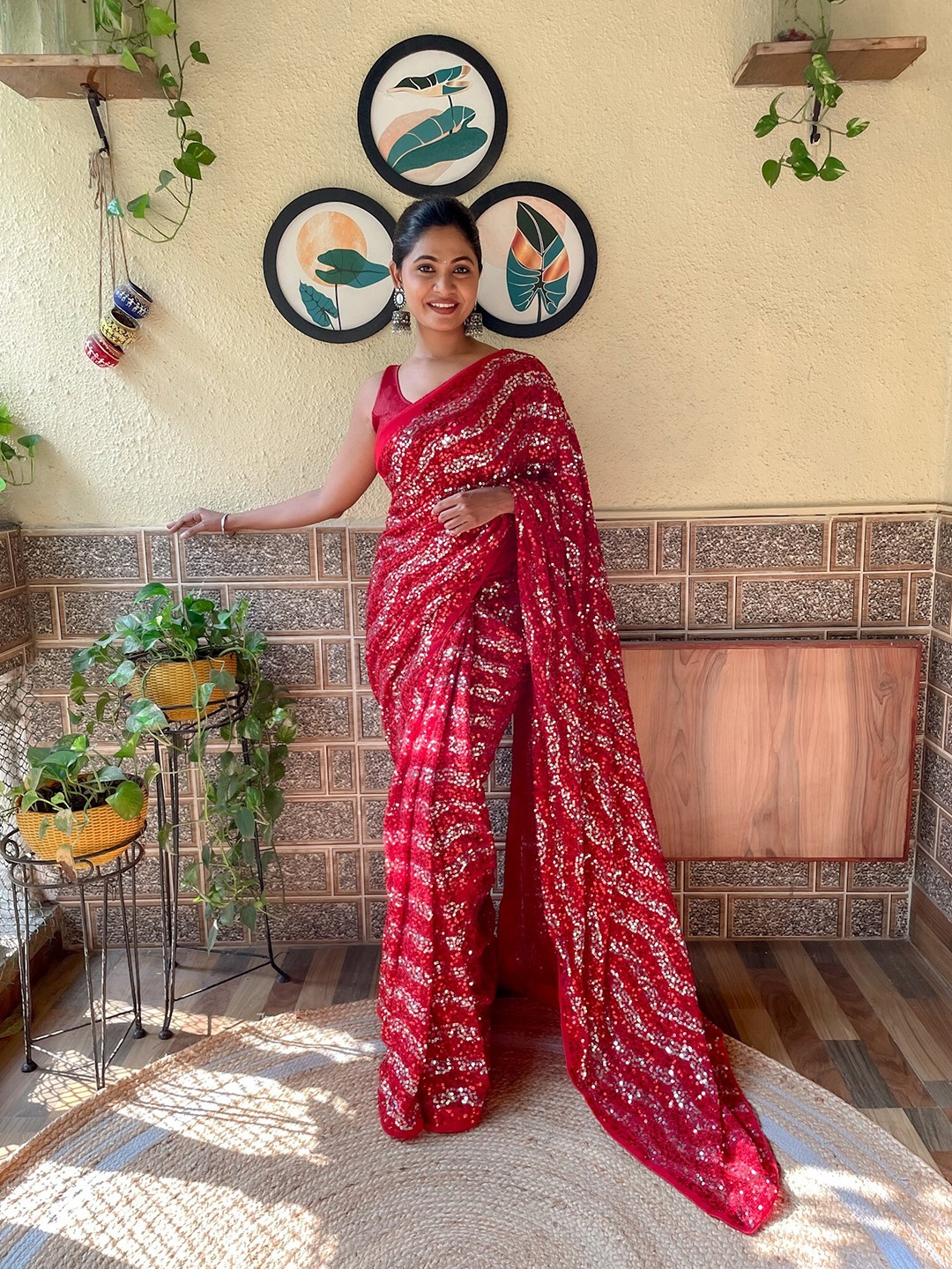 

Mitera Sequin Embellished Saree, Red
