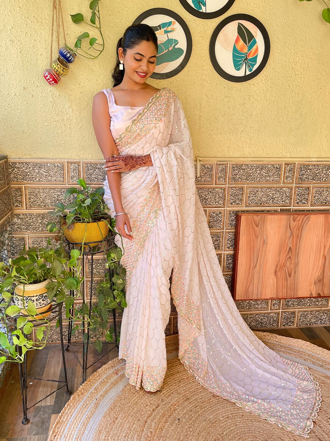 

Mitera Embellished Sequinned Detail Saree, Off white