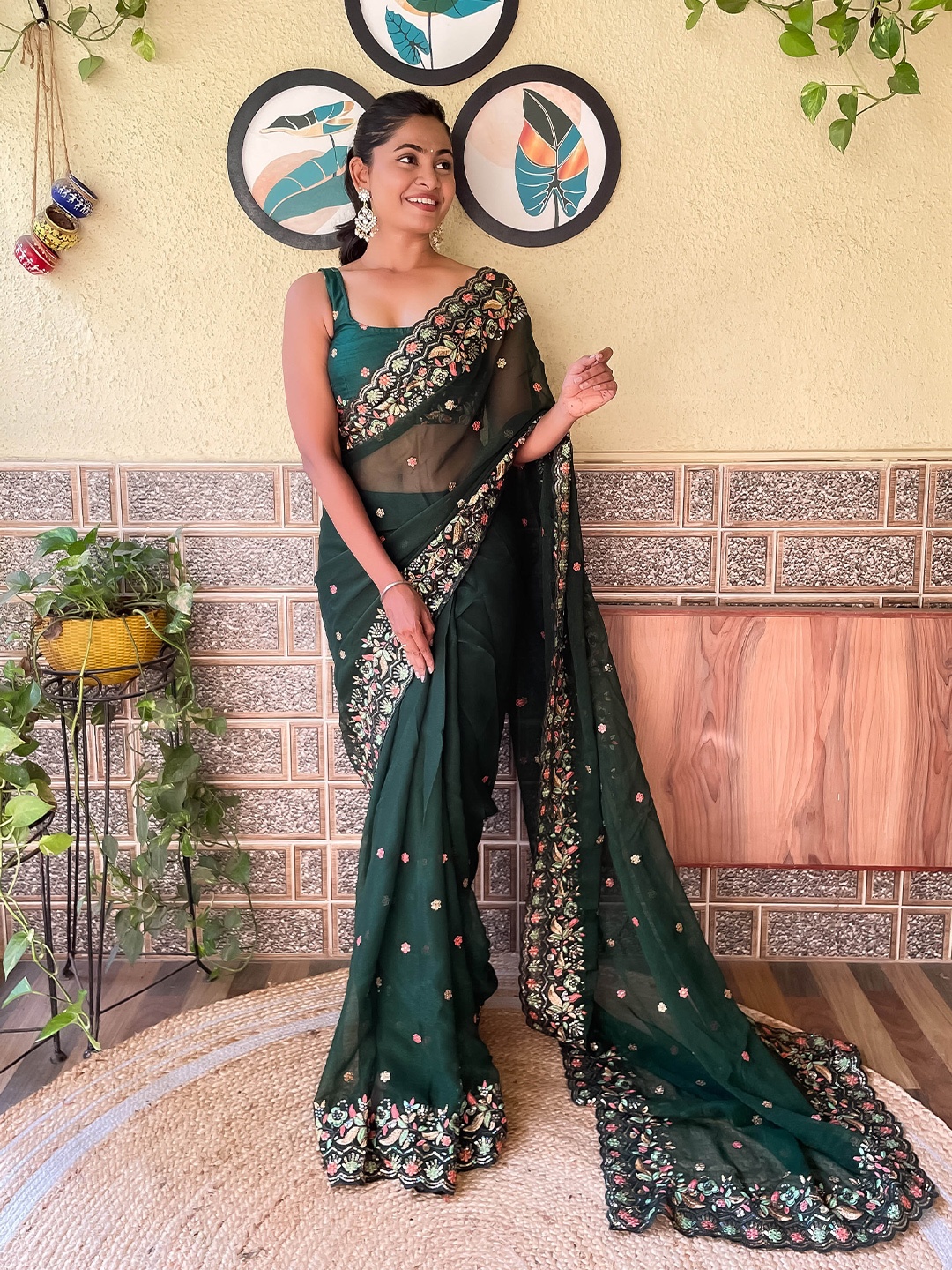 

Mitera Green & Pink Floral Embroidered Saree