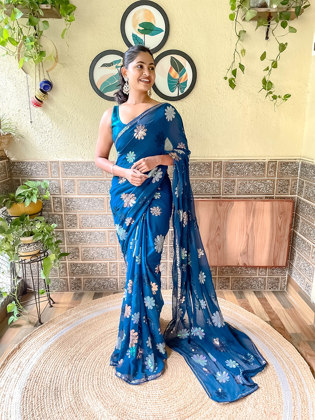 

Mitera Embellished Sequinned Detail Saree, Teal