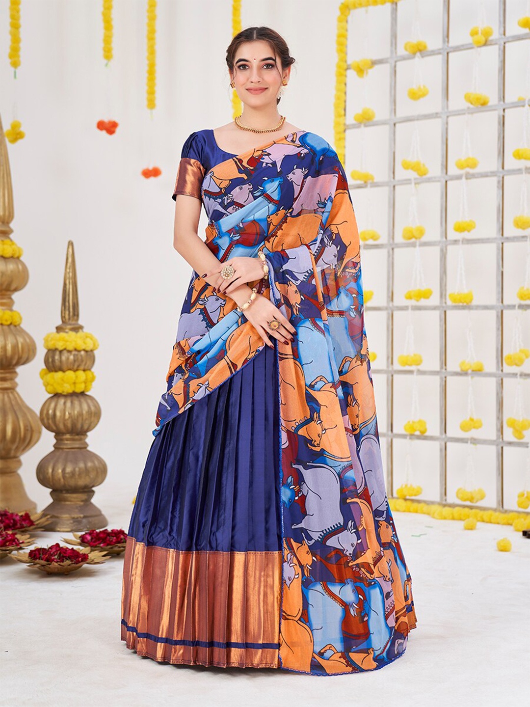 

SHOPGARB Semi-Stitched Banarasi Silk Lehenga & Unstitched Blouse With Dupatta, Navy blue