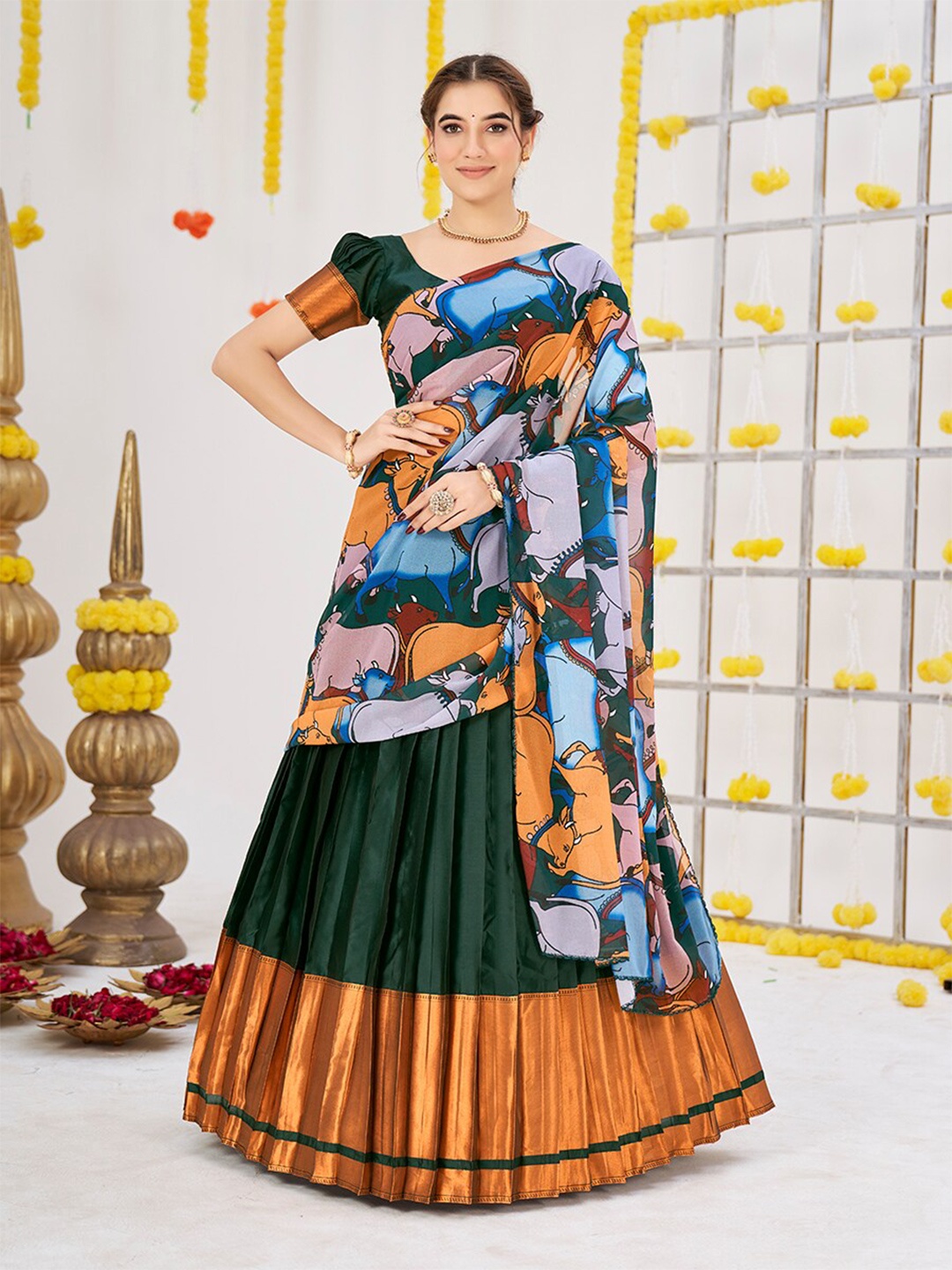 

SHOPGARB Semi-Stitched Lehenga & Unstitched Blouse With Dupatta, Green