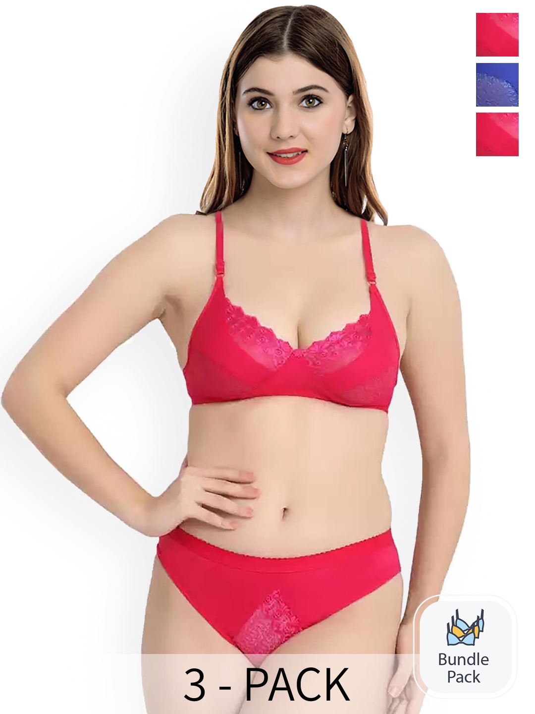 

AROUSY Pack of 3 Laced Lingerie Sets X_Mia Set_Blue,Red,Red_30