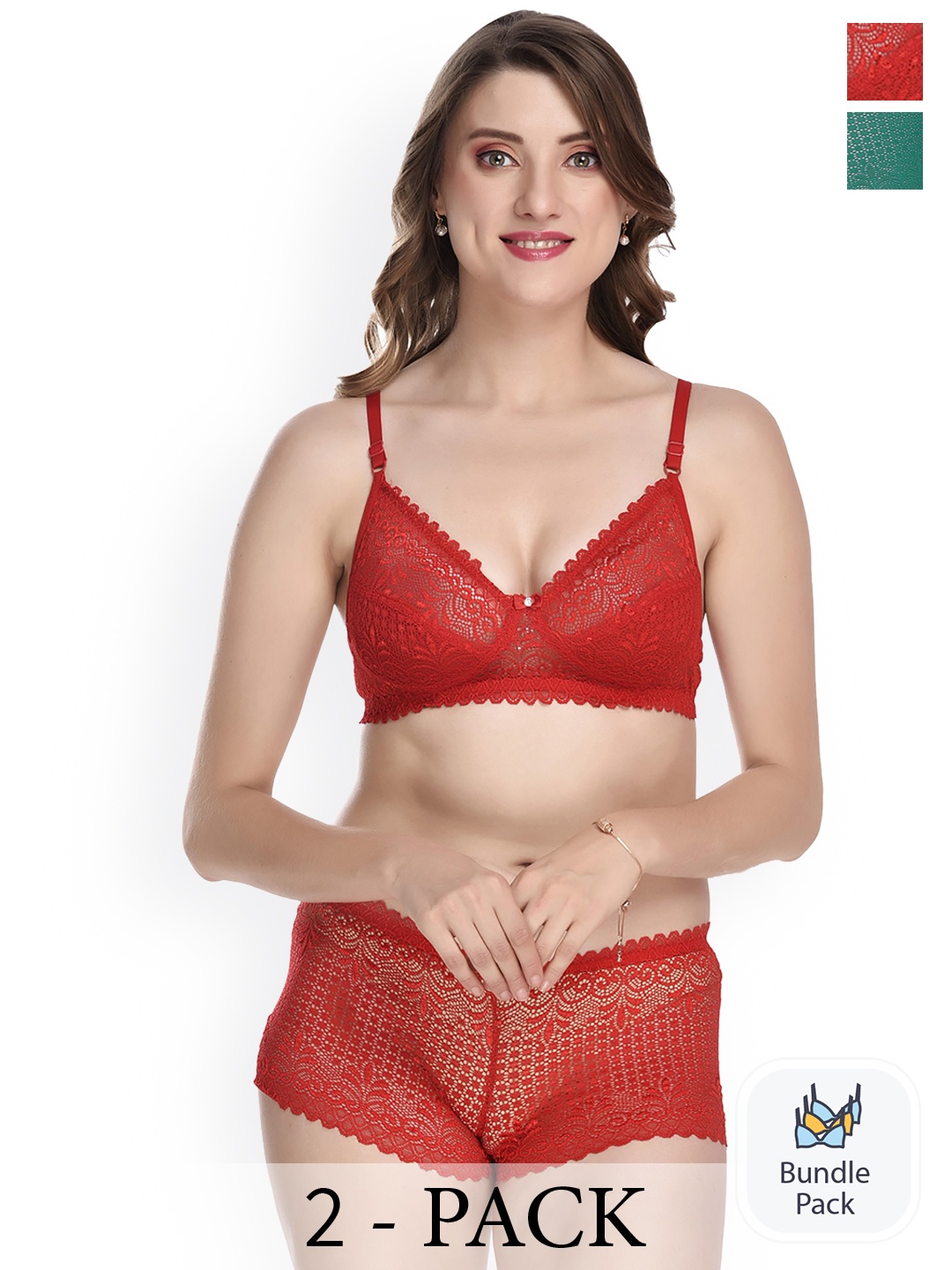 

AROUSY Pack of 2 Floral Laced Lingerie Set X_Net Set_Red,Green_30