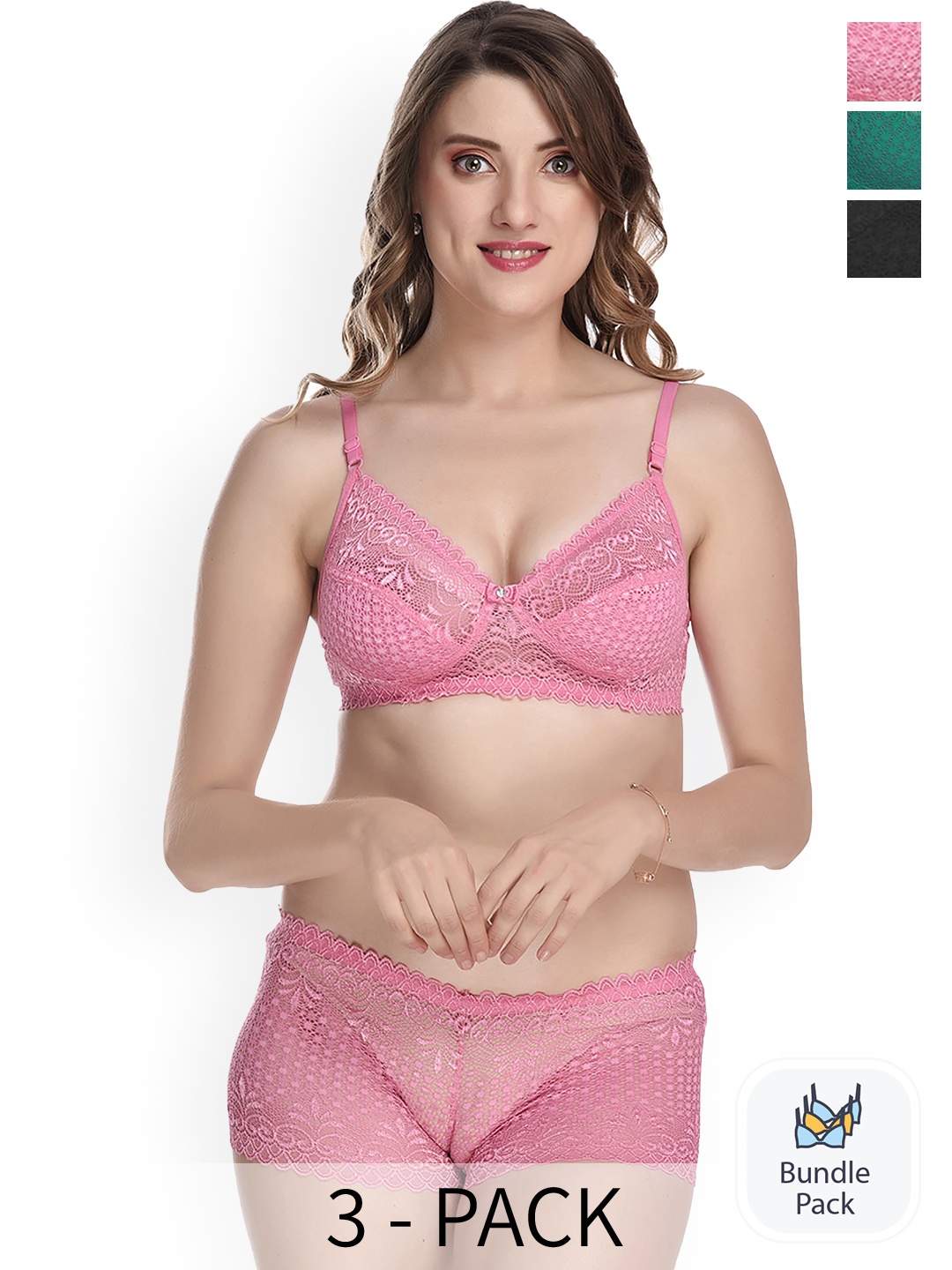 

AROUSY Pack of 3 Laced Lingerie Set X_Net Set_Green,Black,Orange_30