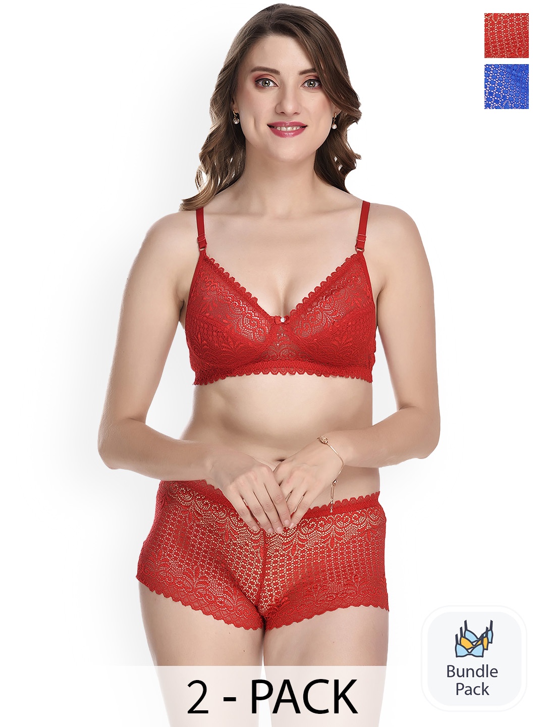 

AROUSY Pack of 2 Floral Laced Lingerie SetX_Net Set_Red,Blue_30