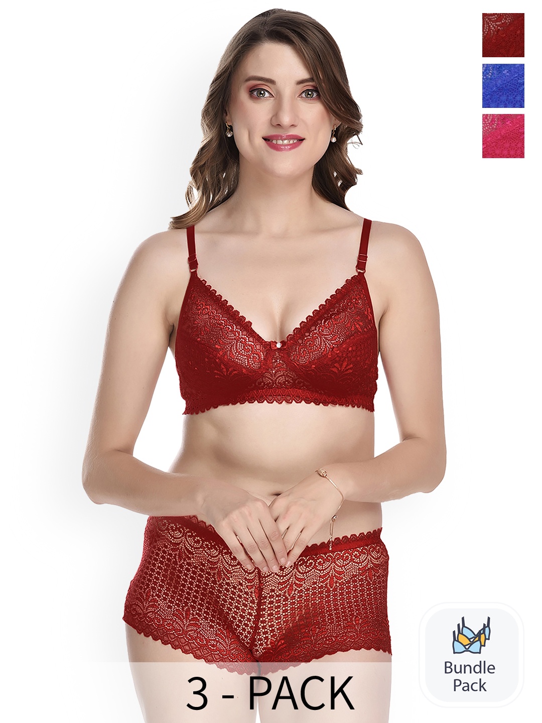 

AROUSY Pack of 3 Laced Lingerie Set X_Net Set_Pink,Blue,Maroon_30
