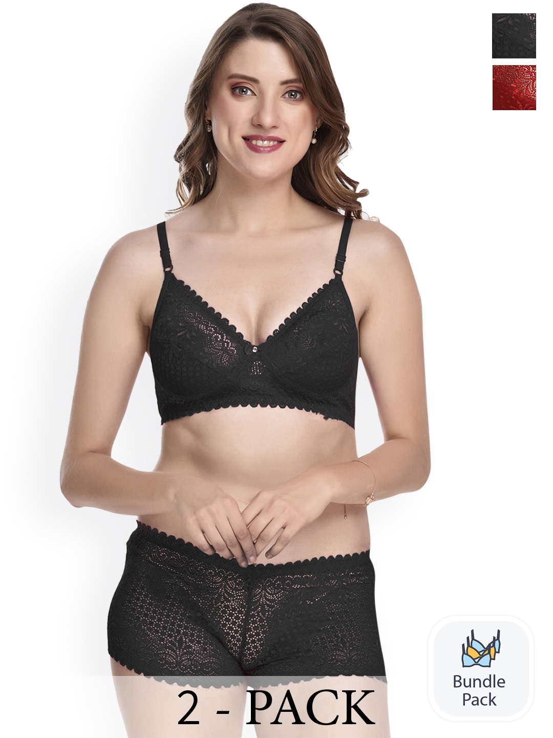

AROUSY Pack of 2 Laced Lingerie Sets X_Net Set_Black,Maroon_30