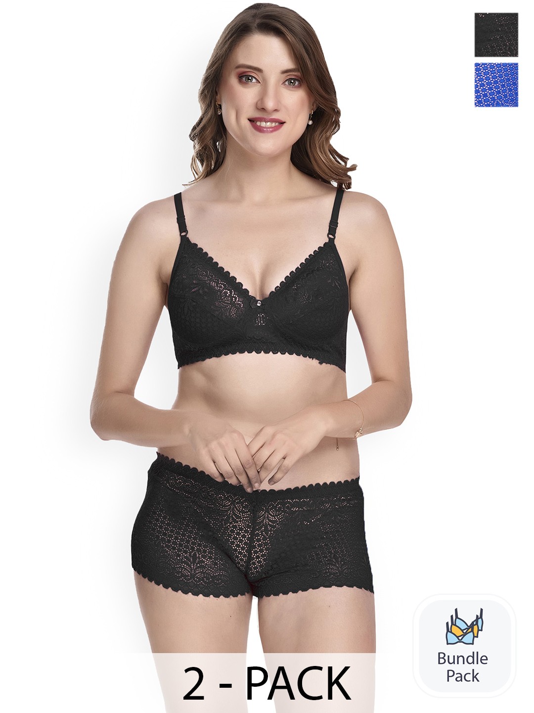 

AROUSY Pack of 2 Floral Laced Lingerie Set X_Net Set_Black,Blue_30