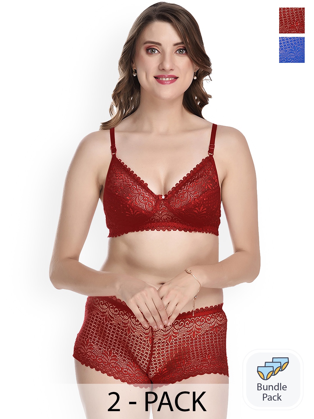 

AROUSY Pack of 2 Floral Laced Lingerie SetX_Net Set_Blue,Maroon_30