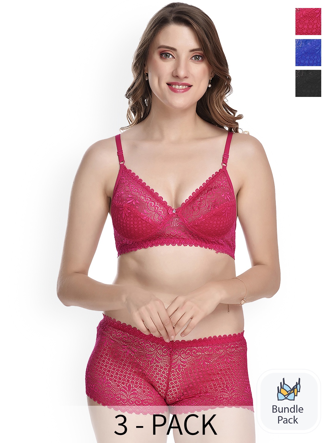 

AROUSY Pack Of 3 Laced Cotton Lingerie Set, Pink