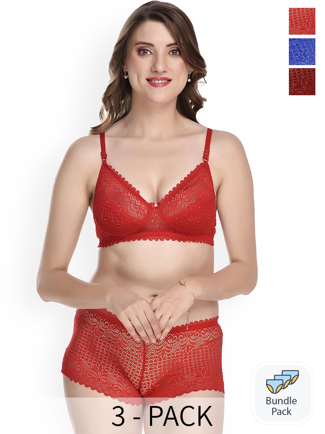 

AROUSY Pack of 3 Laced Lingerie SetX_Net Set_Maroon,Red,Blue_30