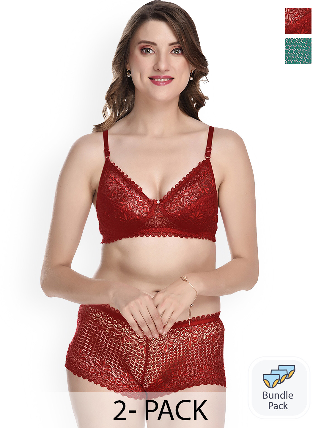 

AROUSY Pack of 2 Laced Lingerie SetX_Net Set_Green,Maroon_30