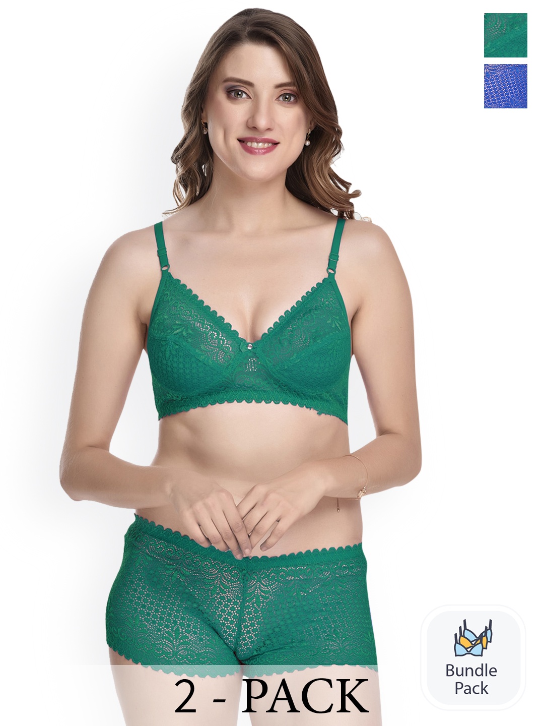 

AROUSY Pack Of 2 Laced Cotton Lingerie Set, Green