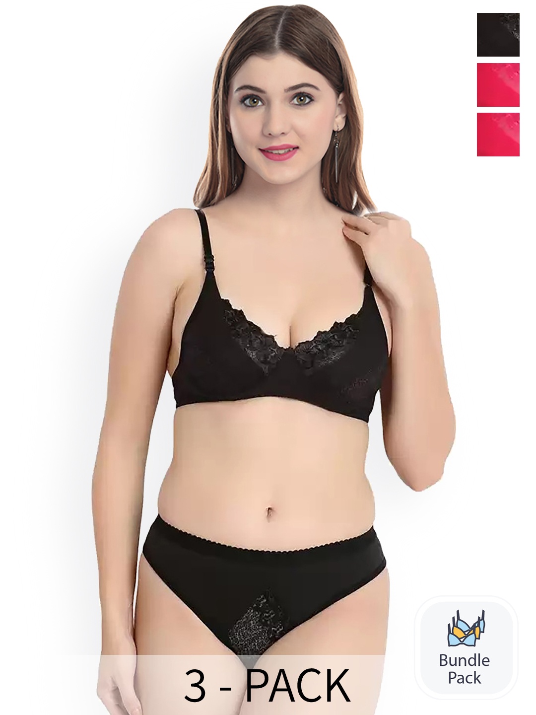 

AROUSY Pack Of 3 Laced Cotton Lingerie Set, Red