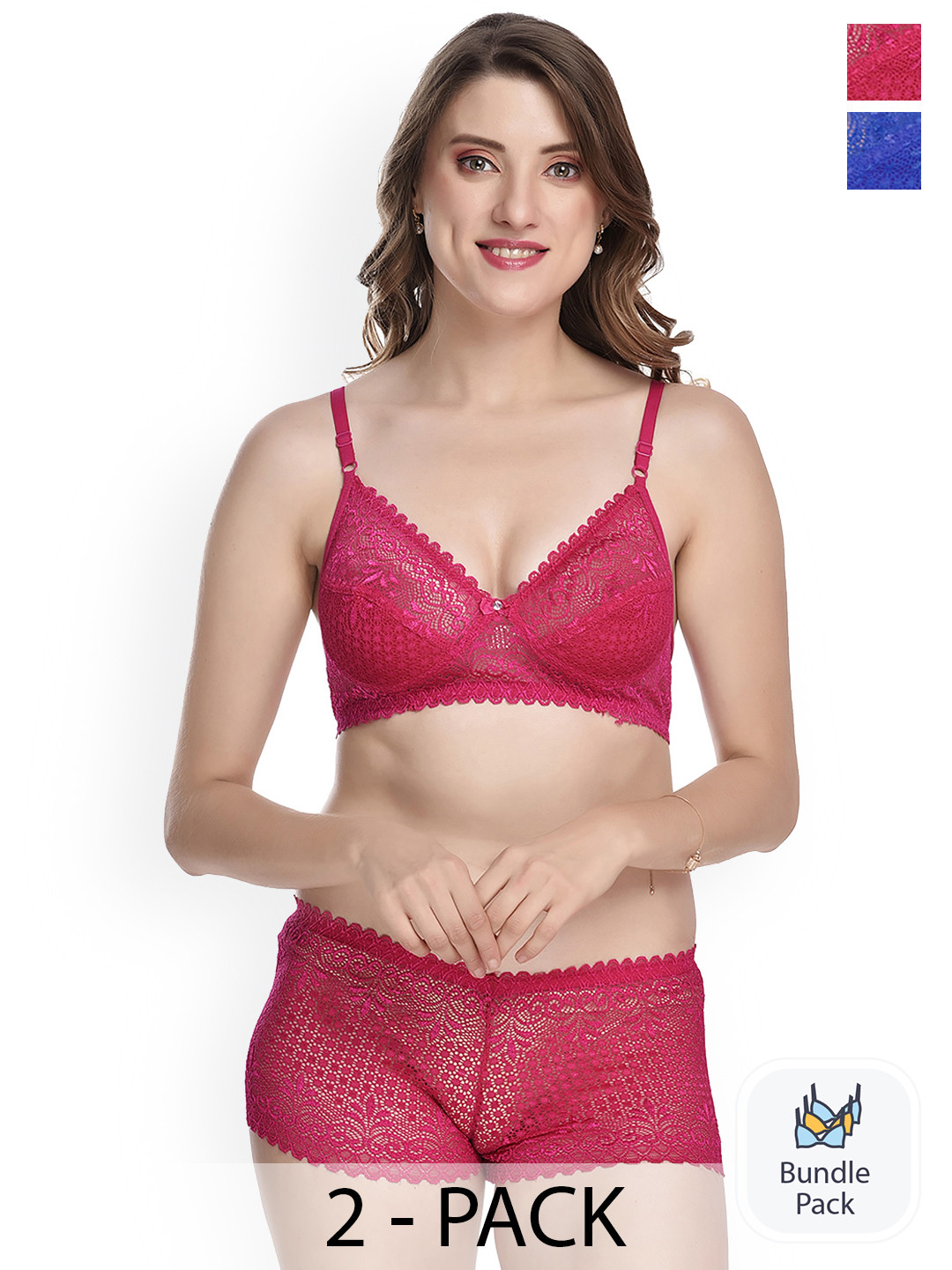 

AROUSY Pack Of 2 Laced Cotton Lingerie Set, Pink