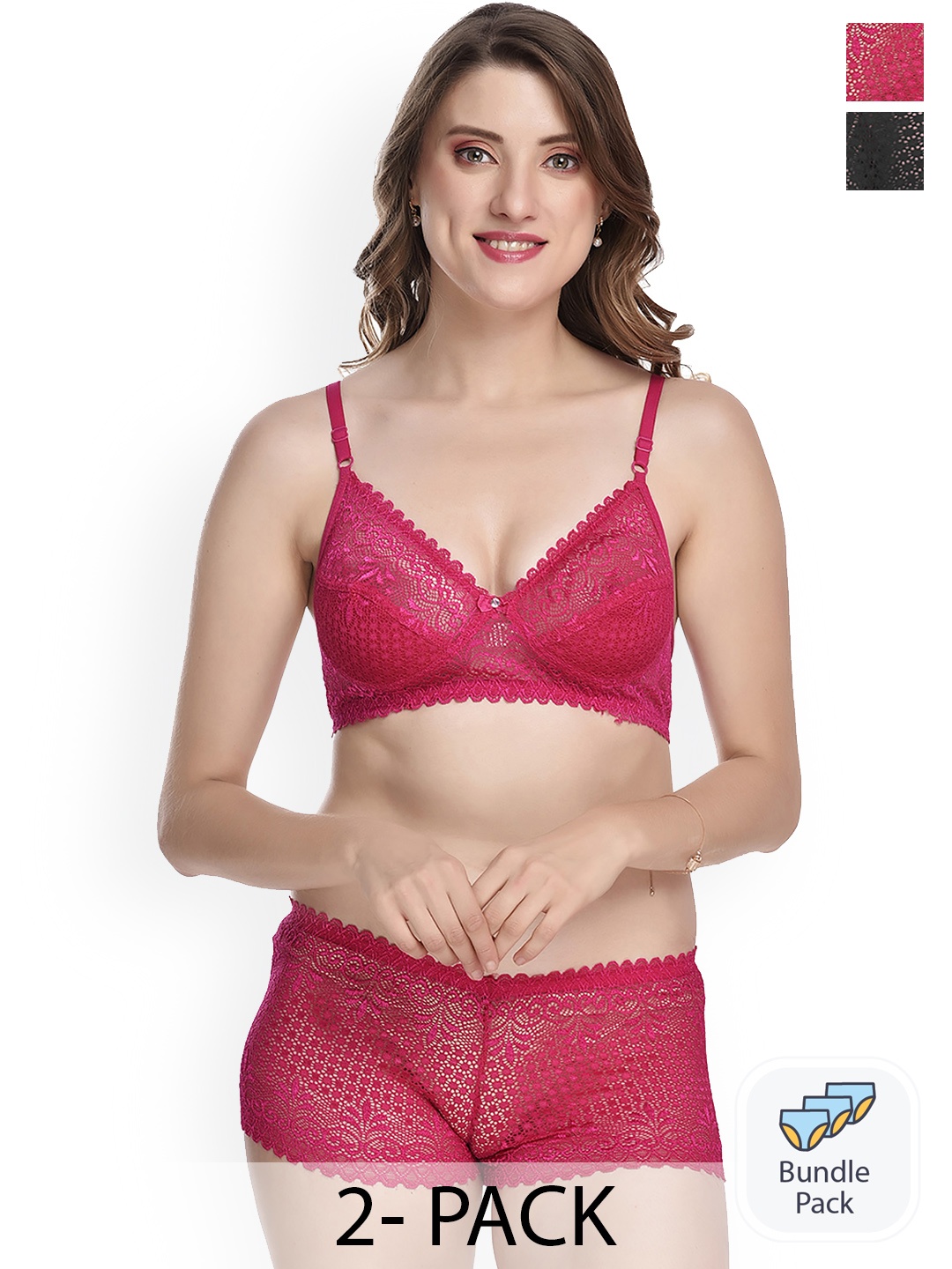 

AROUSY Pack Of 2 Laced Lingerie Set X_Net Set_Pink,Black_30
