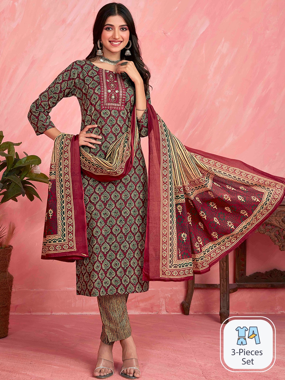 

Sangria Ethnic Motifs Printed Pure Cotton Straight Kurta With Trousers & Dupatta, Maroon