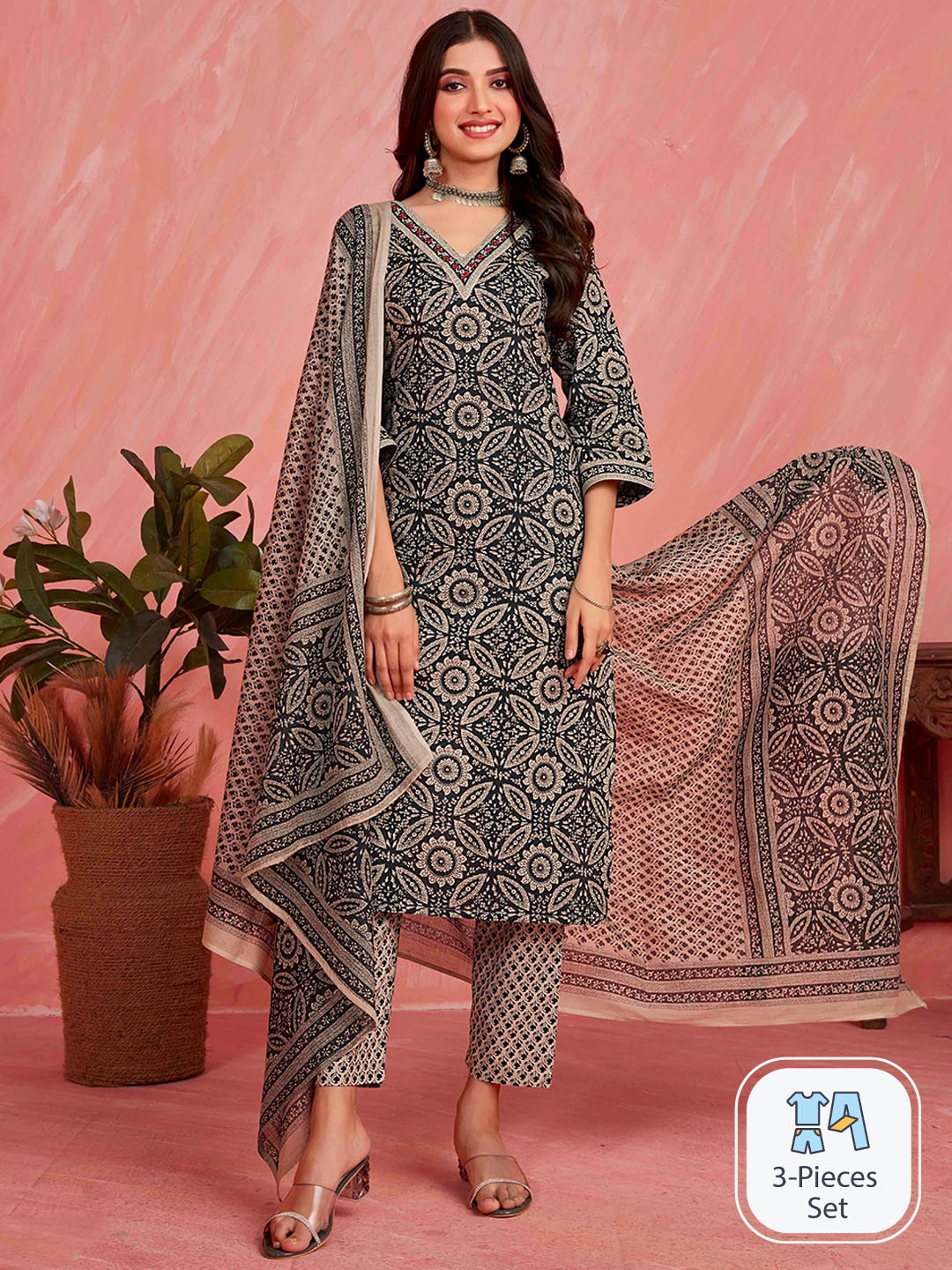 

Sangria Black & Beige Printed Pure Cotton Mirror Work Kurta With Trouser & Dupatta