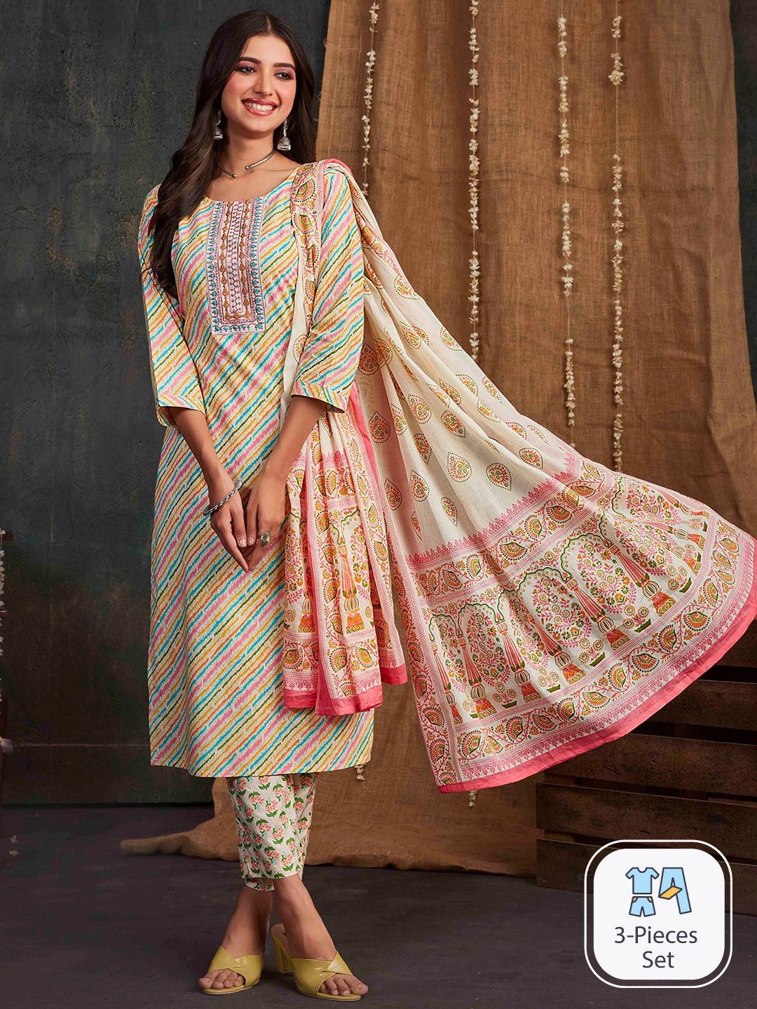 

Sangria Leheriya Printed Thread Work Sequined Pure Cotton Kurta With Trouser & Dupatta, Off white