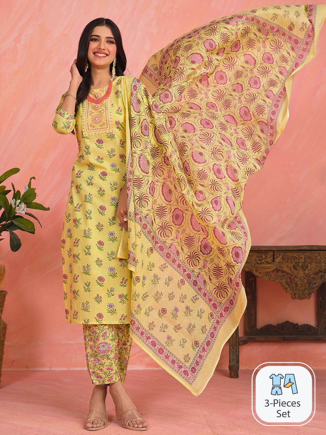 

Sangria Floral Printed Thread Work Sequined Pure Cotton Kurta With Trouser & Dupatta, Yellow