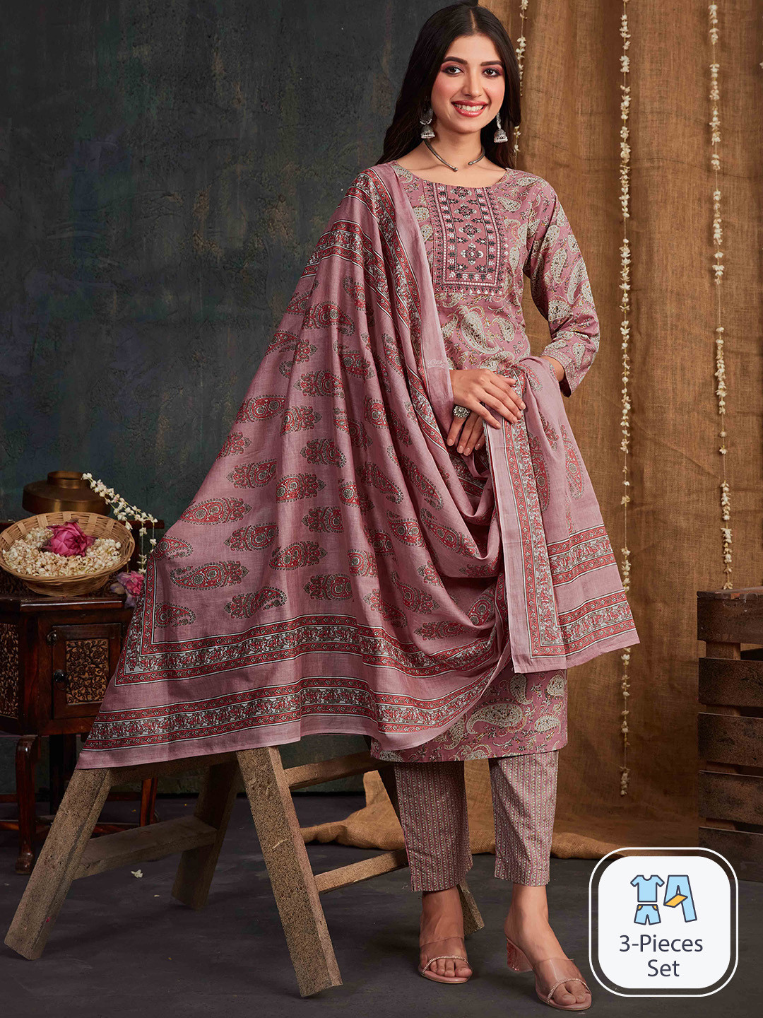 

Sangria Paisley Printed Thread Work Sequined Pure Cotton Kurta With Trouser & Dupatta, Mauve