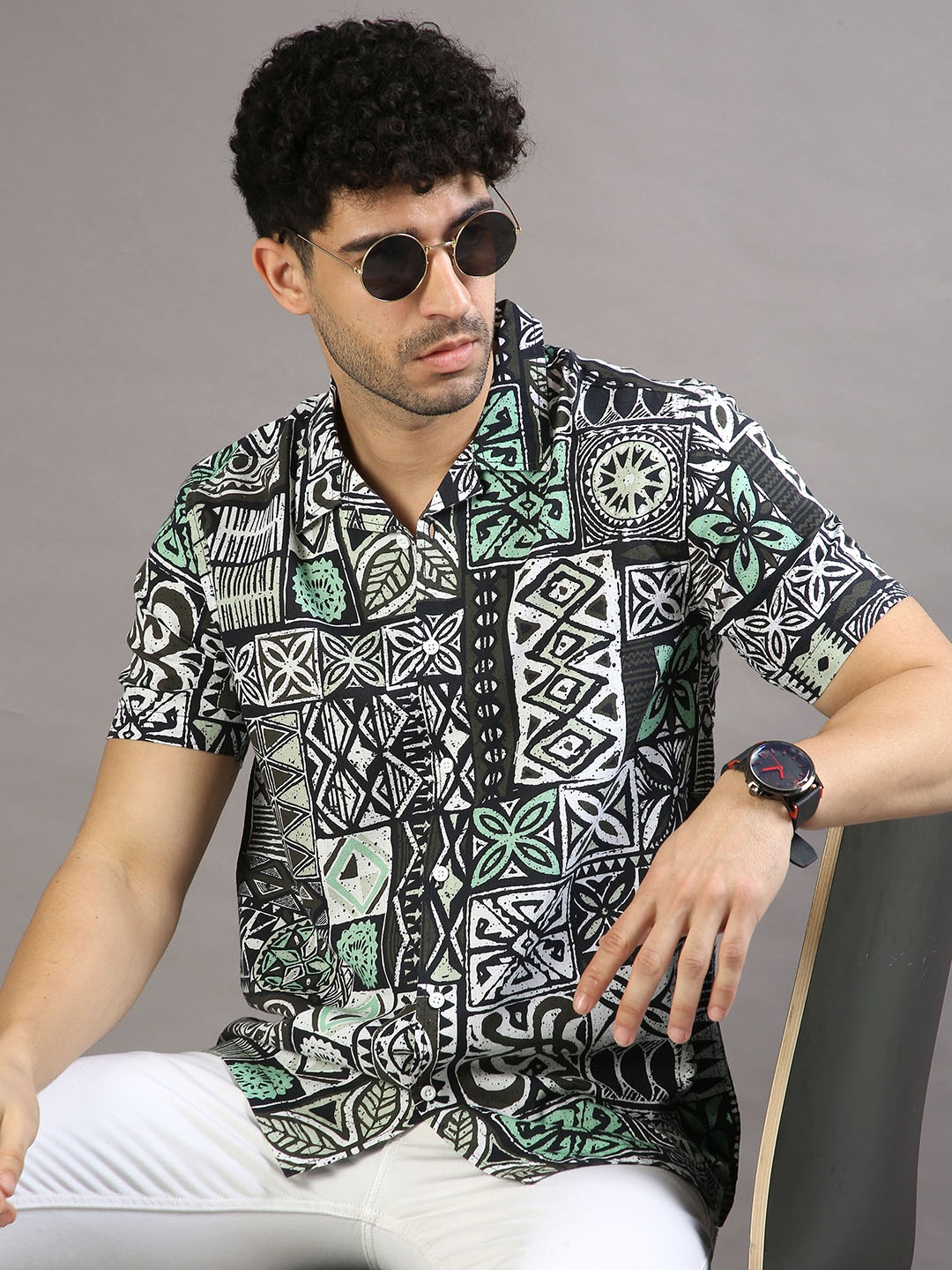 

HERE&NOW Ethnic Motifs Printed Opaque Cotton Casual Shirt, Black