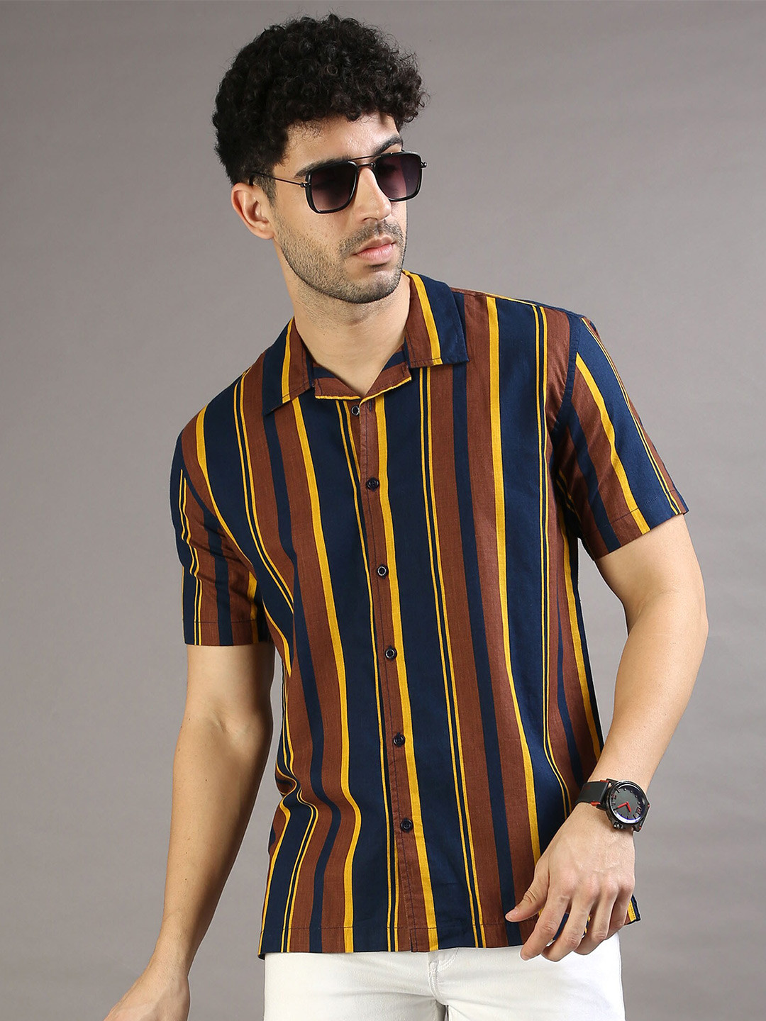 

HERE&NOW Navy Blue Opaque Striped Casual Shirt