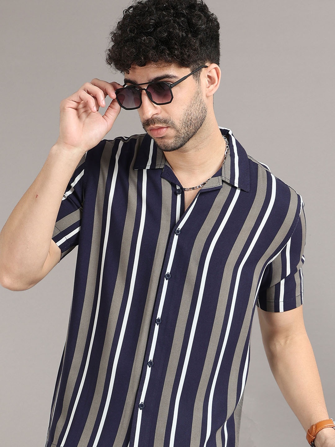

HERE&NOW Blue Striped Printed Cuban Collar Cotton Casual Shirt