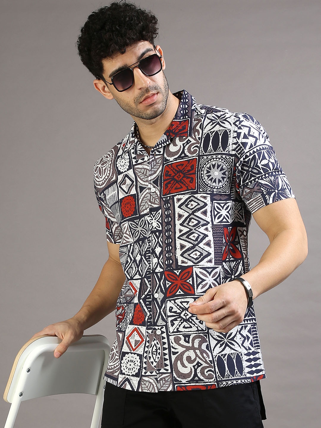 

HERE&NOW Ethnic Motifs Printed Opaque Cotton Casual Shirt, Black