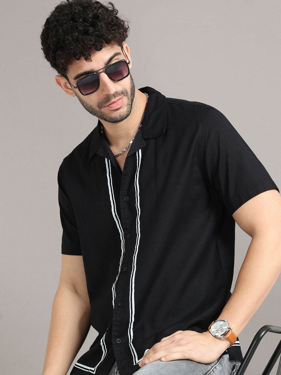 

HERE&NOW Regular Fit Black Cuban Collar Cotton Casual Shirt