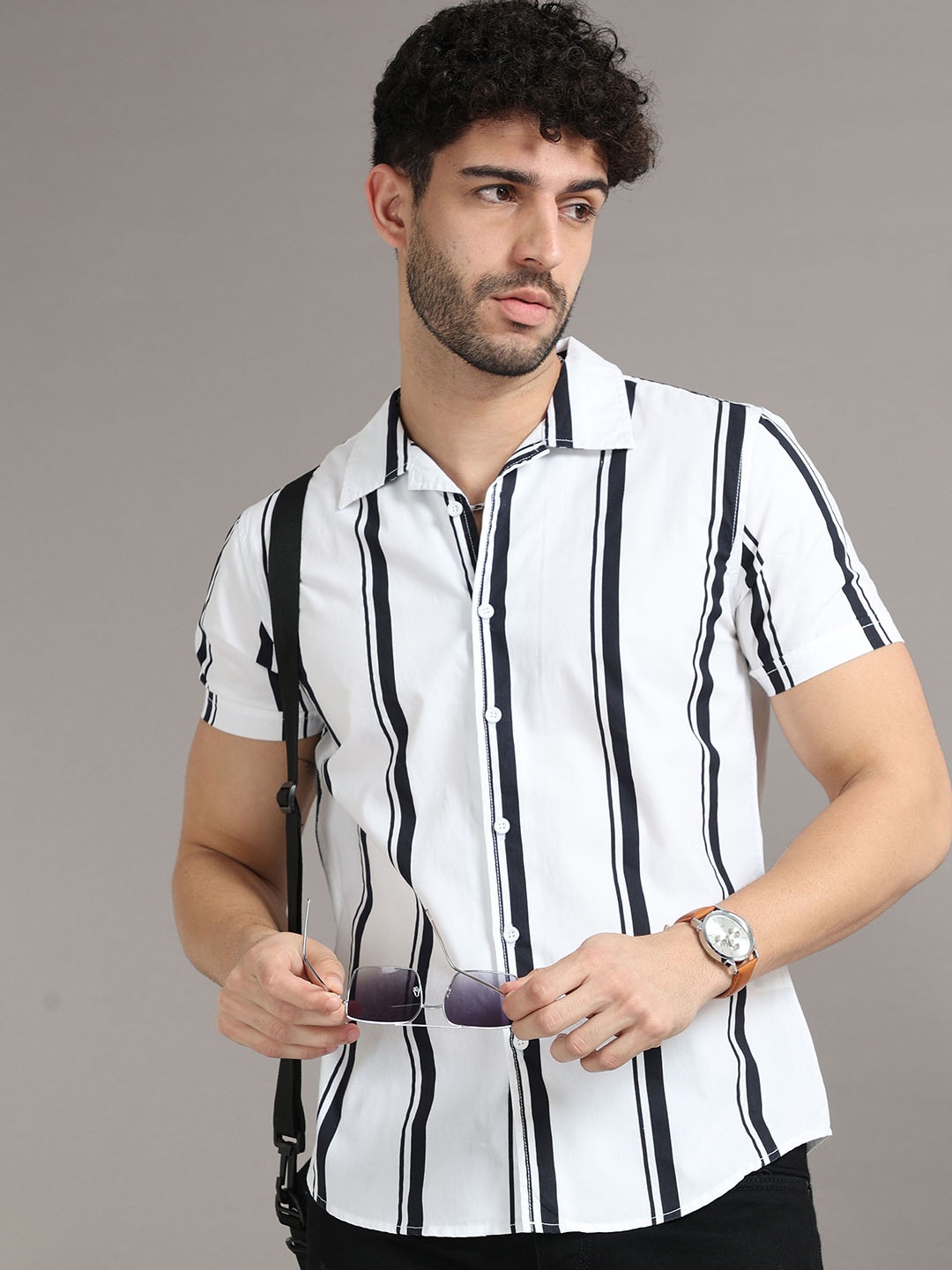 

HERE&NOW White Striped Printed Cuban Collar Cotton Casual Shirt