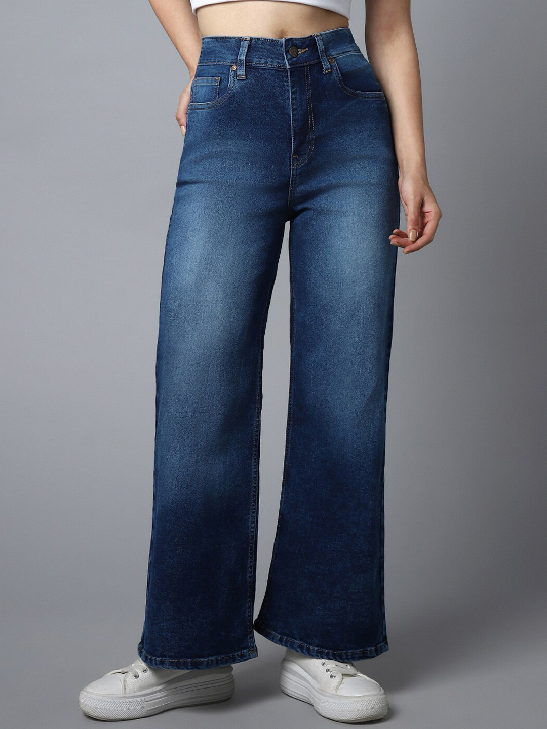 

High Star Women Wide Leg High-Rise Light Fade Cotton Jeans, Blue