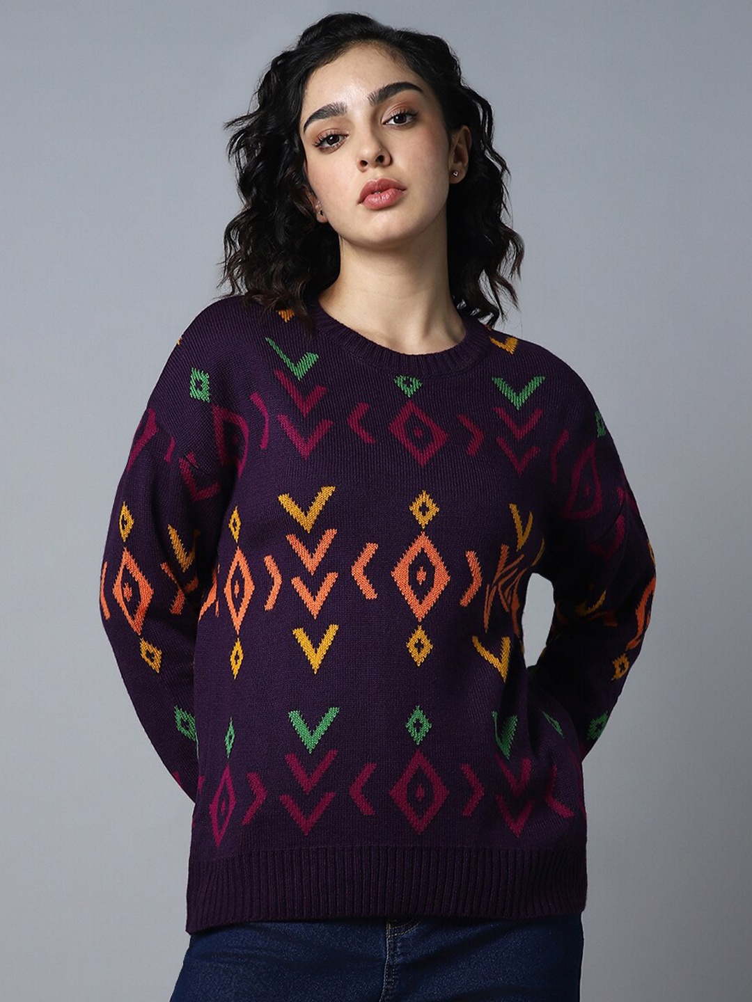 

High Star Geometric Printed Pullover Sweater, Purple