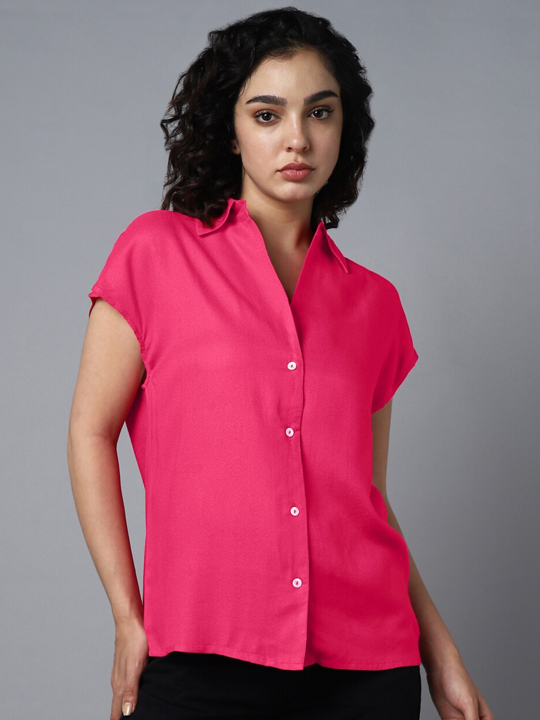 

High Star Spread Collar Extended Sleeves Classic Opaque Casual Shirt, Pink