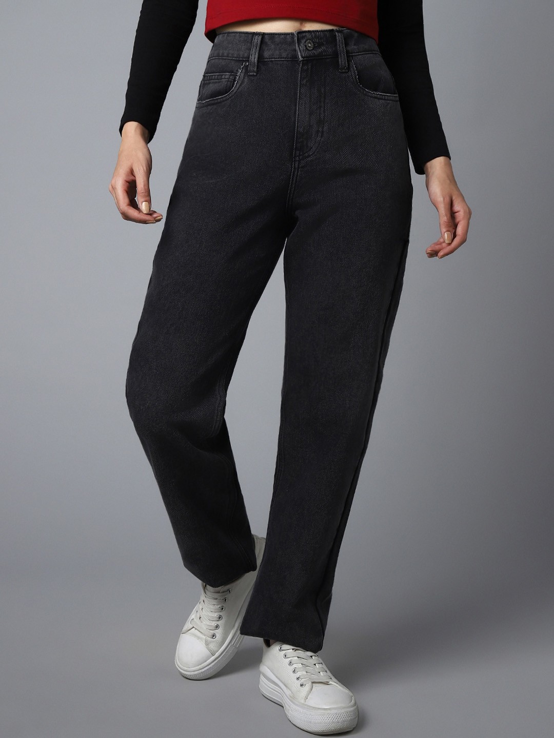 

High Star Women Straight Fit High-Rise Clean Look Non Stretchable Jeans, Black