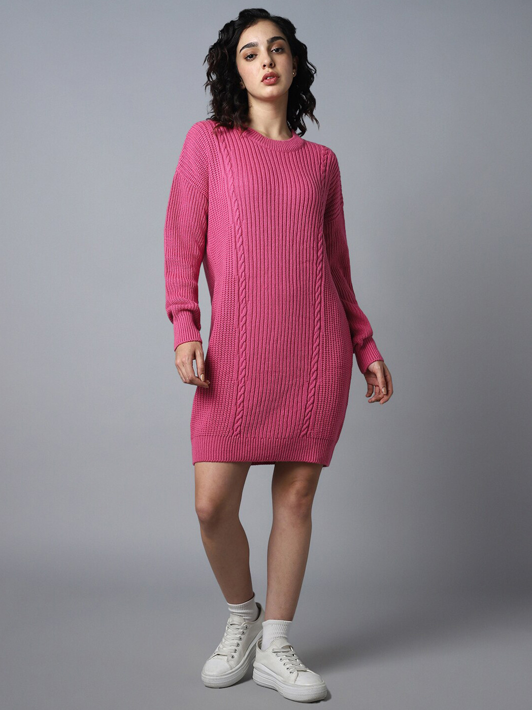 

High Star Ribbed Round Neck Acrylic Jumper Dress, Pink