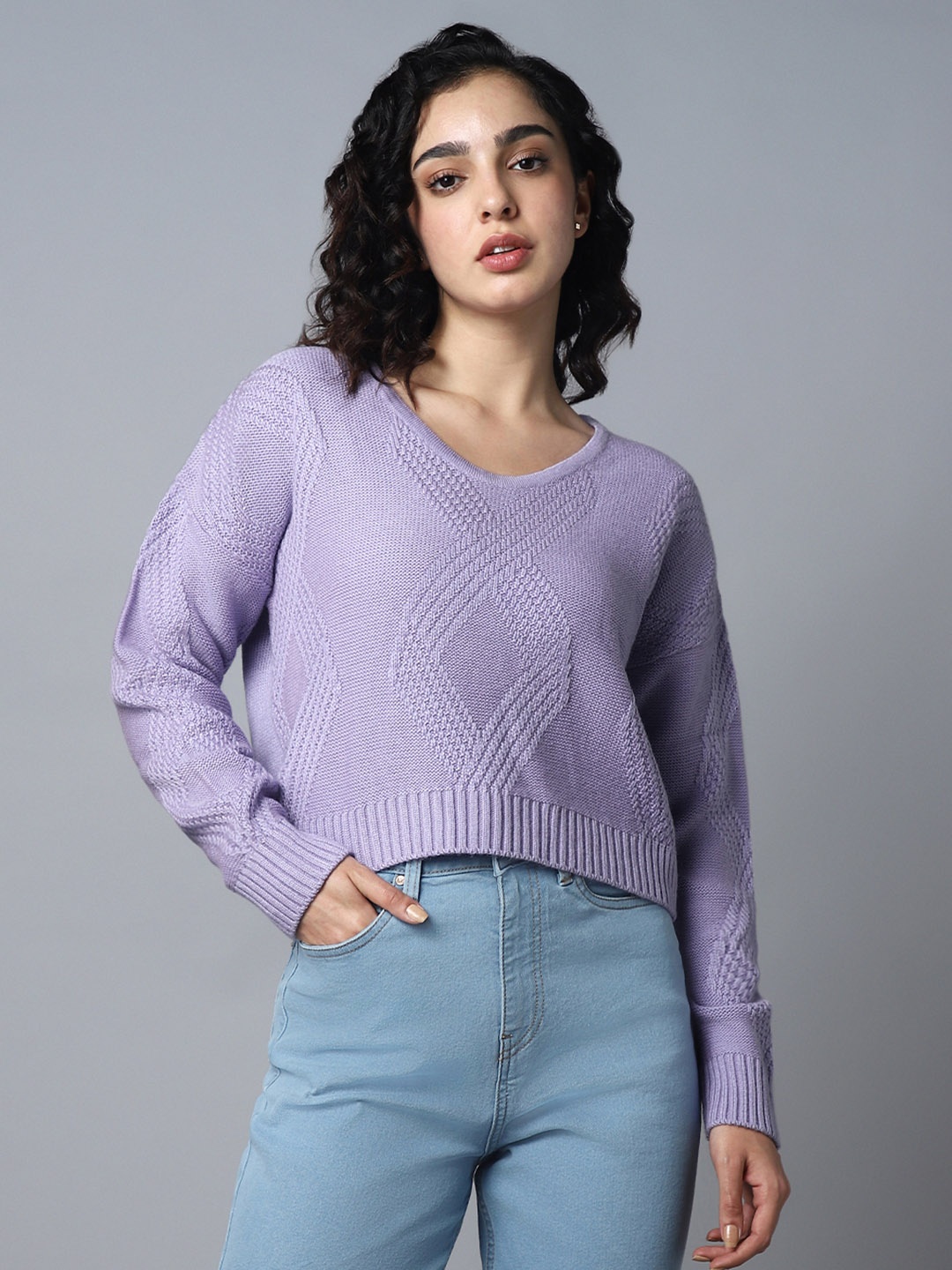 

High Star Cable Knit Round Neck Long Sleeve Acrylic Crop Pullover Sweaters, Purple