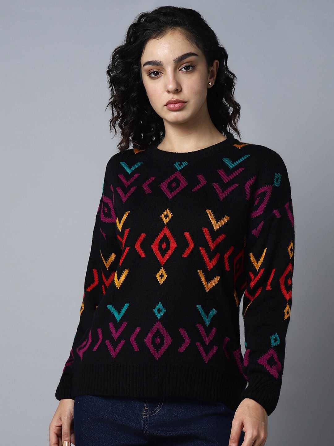 

High Star Geometric Printed Pullover Sweater, Black
