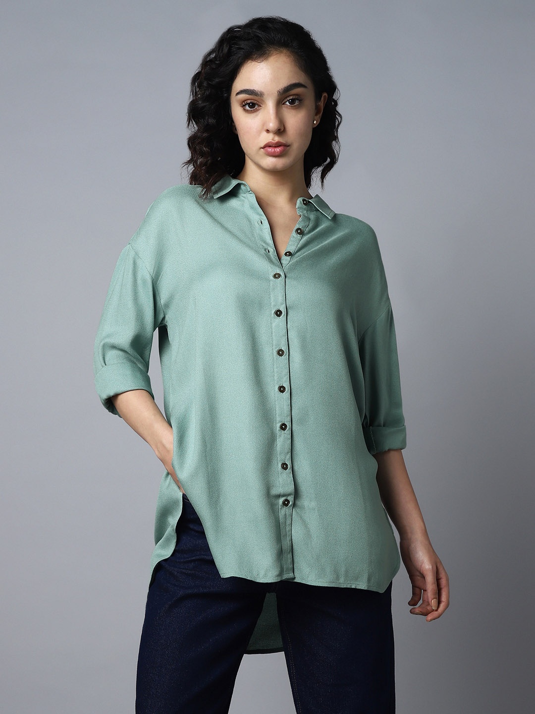 

High Star Classic Oversized Spread Collar Long Sleeves Casual Shirt, Green
